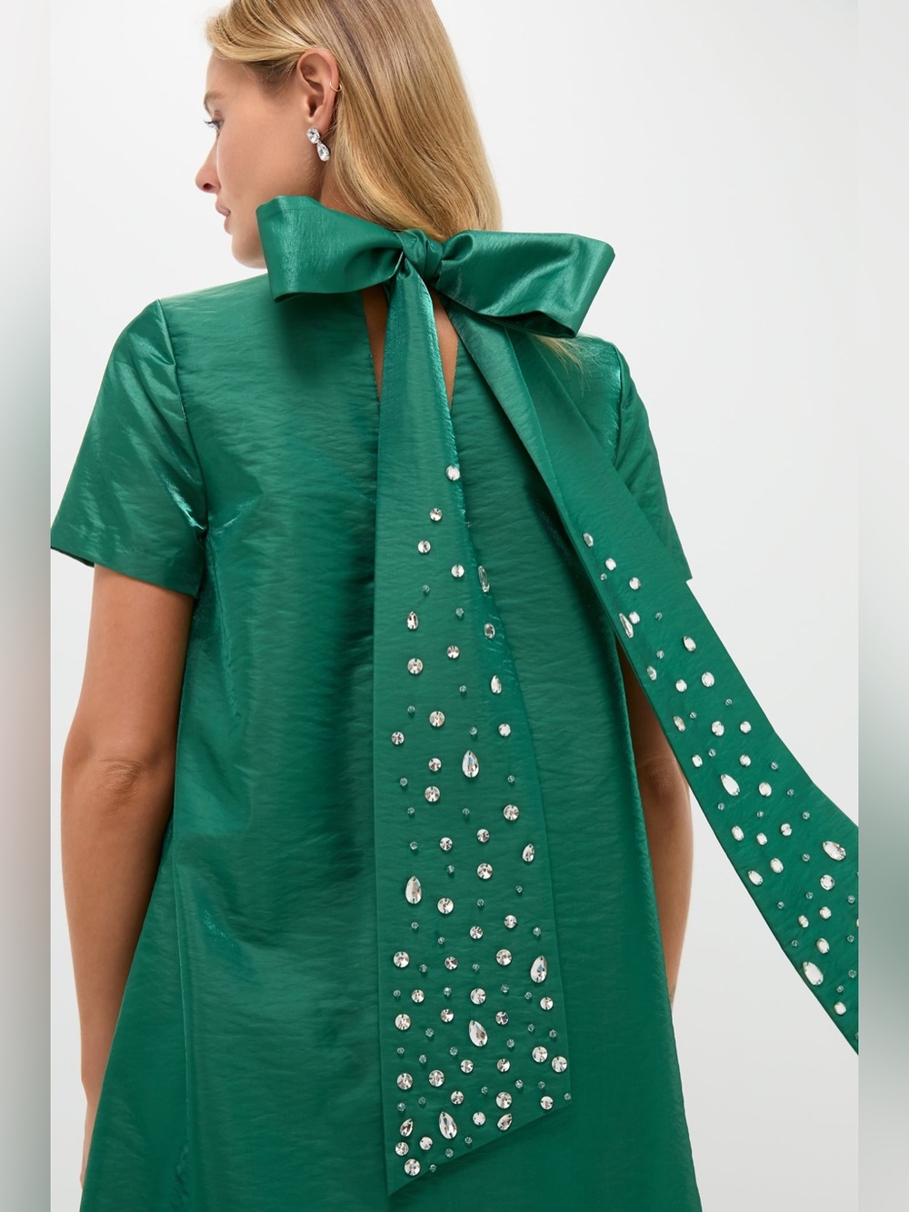 Hyacinth House Green Taffeta Embellished Ashton Bow Dress